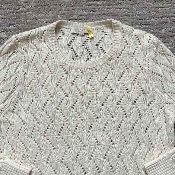 Ann Taylor Loft Sweater Womens XL Beige Crochet Open Knit Soft Cozy Wool Blend - Picture 2 of 10